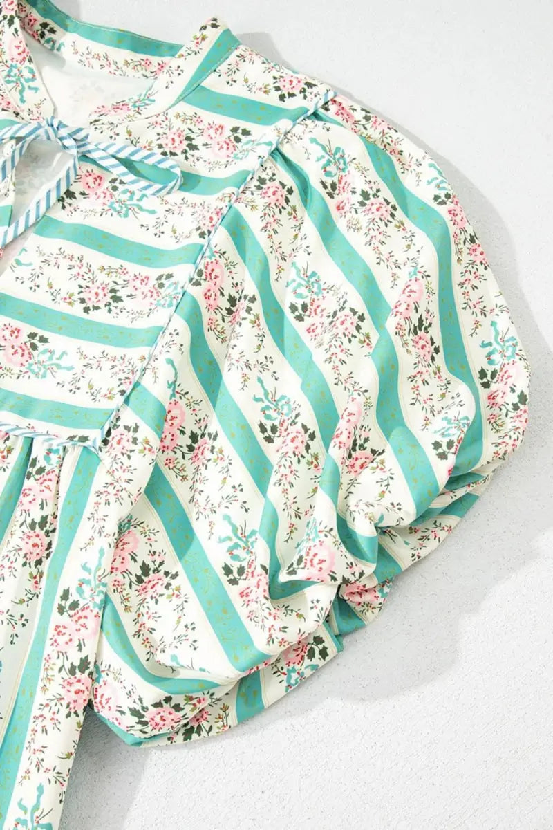 Striped Floral Print Tie Neck Puff Sleeve Midi Dress For Women - Love Salve